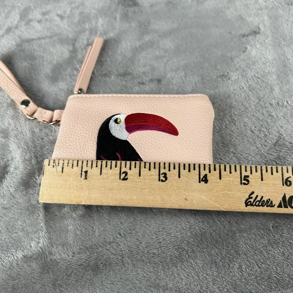 Kids Pink Pebbled Faux Leather Toucan Embroidered Wristlet Coin Purse Zip Pouch
